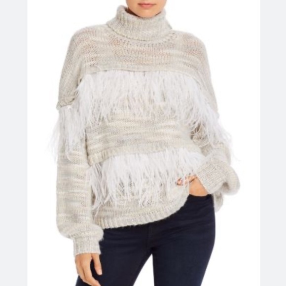 Cinq à Sept Valentina Ostrich Feather Trimmed Turtleneck Wool Blend - Picture 13 of 13